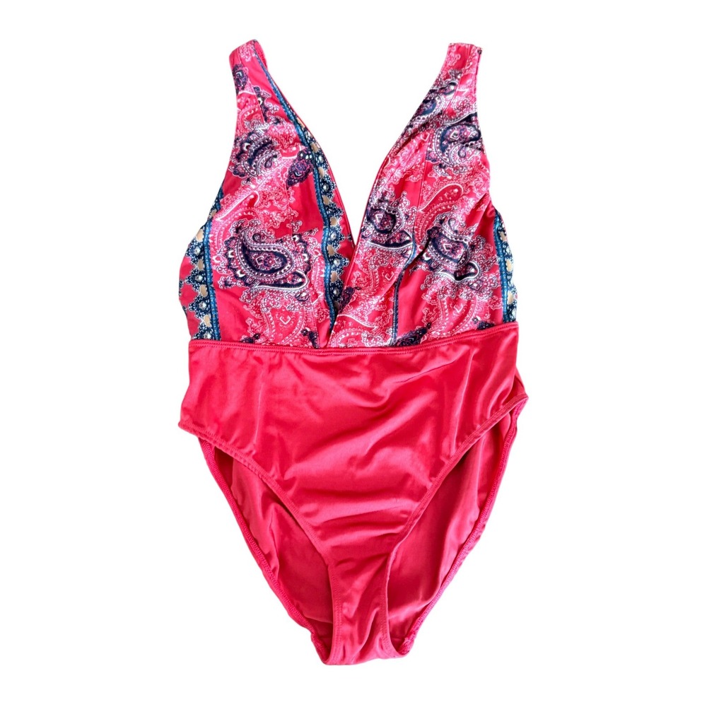 Out From Under Urban Outfitters Red Paisley V-Neck One Piece Swimsuit Medium